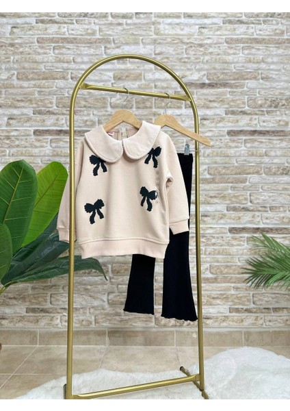 Yeni Sezon Kız Çocuk Fiyonk Baskılı Bebe Yaka Pamuklu Sweatshirt Ispanyol Paça Fitilli Taytlı Takım modelleri