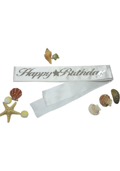 Happy Birthday Gümüş Yaldızlı Beyaz Kuşak