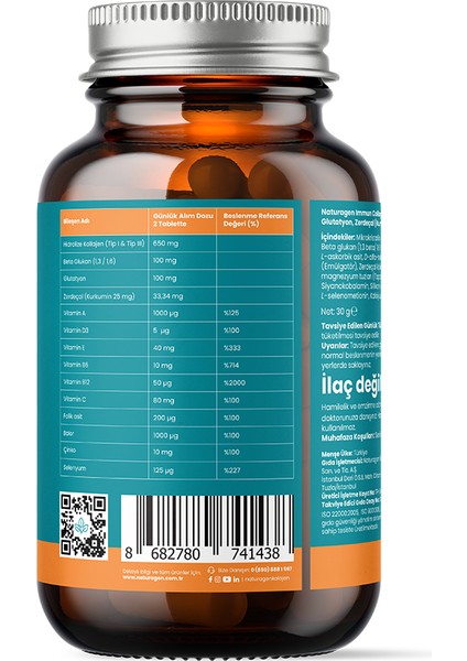 Immun Curcumin Zerdaçal - Beta Glukan - Bitamin A-B6-B12-C-D3-E - Selenyum - Çinko 30'lu Tablet