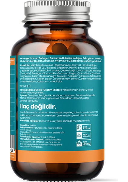 Immun Curcumin Zerdaçal - Beta Glukan - Bitamin A-B6-B12-C-D3-E - Selenyum - Çinko 30'lu Tablet