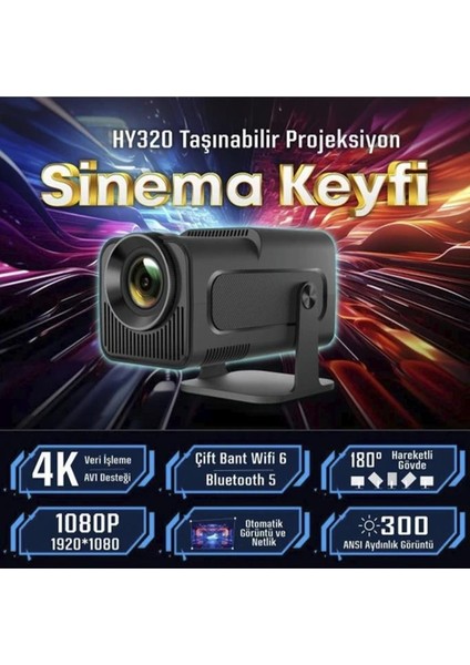 HY320 Mini Siyah Taşınabilir Sinema Projektörü Ev Sineması Bluetooth Android Projeksiyon