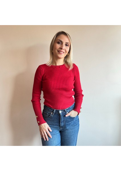 Kırmızı Gold Düğme Detaylı Triko