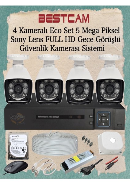 4 Kameralı Eco Set 5 Mega Piksel Sony Lensli Full Hd Gece Görüşlü Güvenlik Kamerası Sistemi 250 GB HDD