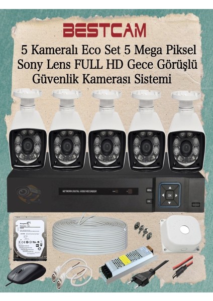 5 Kameralı Eco Set 5 Mega Piksel Sony Lensli Full Hd Gece Görüşlü Güvenlik Kamerası Sistemi 250 GB HDD