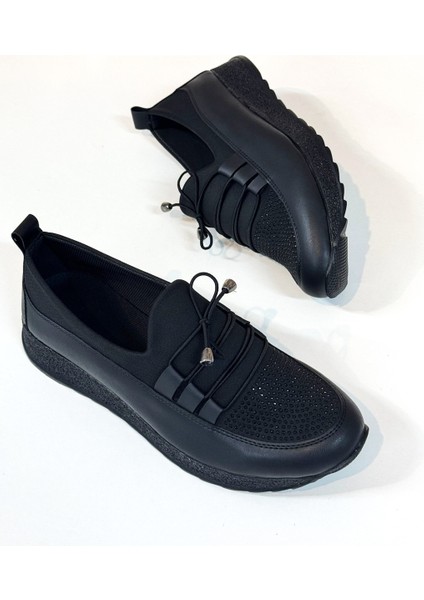 BA04151 Siyah Kadın Lastikli Bağcıksız Taşlı Büyük Numara Günlük Spor Ayakkabı