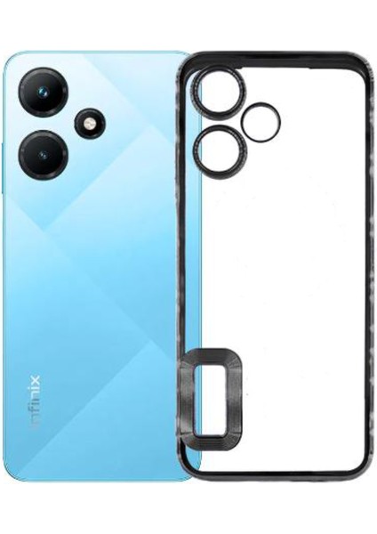 Infinix Hot 30I Kapak Yanları Renkli Lens Korumalı Logo Gösteren Şeffaf Luxury Silikon Kılıf - Siyah