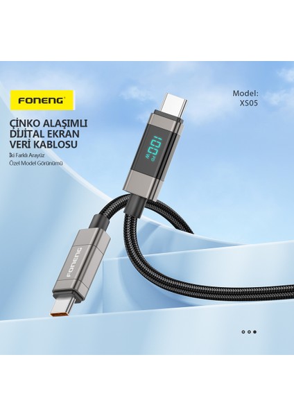 XS05 USB-C to USB-C 1.2 Metre Örgü Kablo 100W Güç Super Hızlı Şarj / Data Kablosu Siyah (Şarj Göstergeli)