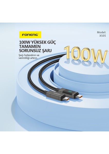 XS05 USB-C to USB-C 1.2 Metre Örgü Kablo 100W Güç Super Hızlı Şarj / Data Kablosu Siyah (Şarj Göstergeli)