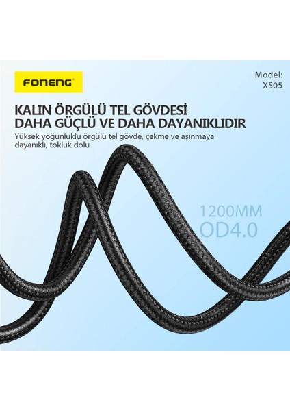 XS05 USB-C to USB-C 1.2 Metre Örgü Kablo 100W Güç Super Hızlı Şarj / Data Kablosu Siyah (Şarj Göstergeli)