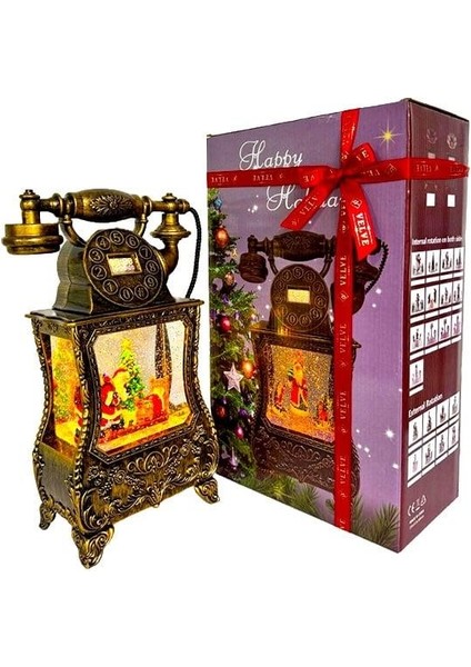 Nostaljik Telefon, Müzik Fonksiyonlu, LED Işıklı ve Hareketli Kar, Noel Baba'nın Gelişinin Gizemi, Bronz Kahverengi 32X17X8 cm