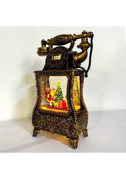 Nostaljik Telefon, Müzik Fonksiyonlu, LED Işıklı ve Hareketli Kar, Noel Baba'nın Gelişinin Gizemi, Bronz Kahverengi 32X17X8 cm