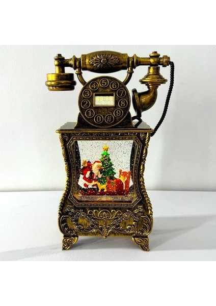 Nostaljik Telefon, Müzik Fonksiyonlu, LED Işıklı ve Hareketli Kar, Noel Baba'nın Gelişinin Gizemi, Bronz Kahverengi 32X17X8 cm