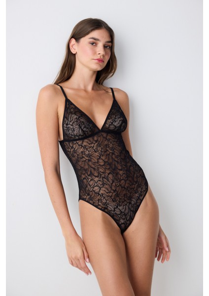 Üçgen Lace Dantel Siyah Bodysuit