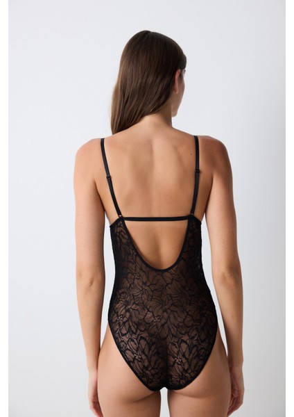 Üçgen Lace Dantel Siyah Bodysuit