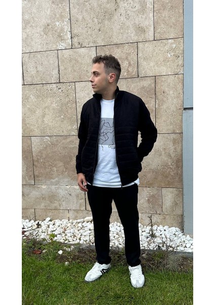Erkek Triko Kombinli Süet Garni Kapitoneli Bomber Yaka Mont modelleri