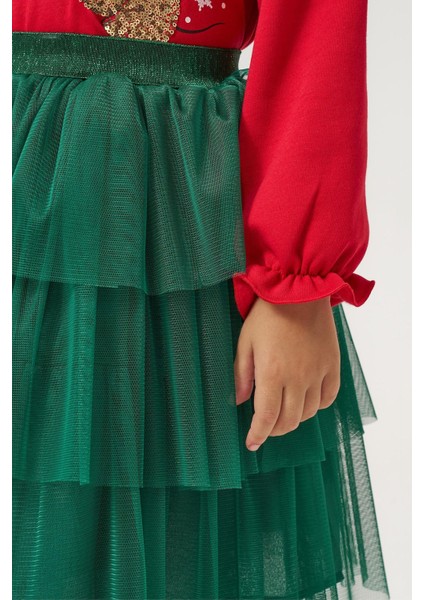 (5-8 Yaş) Mnn Payet Detaylı Yılbaşı Konsept Kız Çocuk Tütü etekli takım - Kırmızı indirimleri