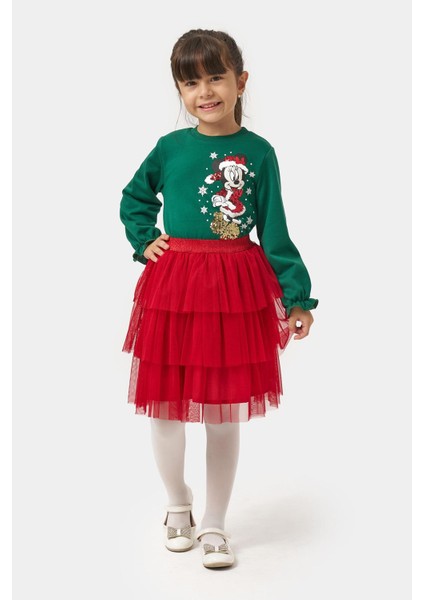 (5-8 Yaş) Mnn Payet Detaylı Yılbaşı Konsept Kız Çocuk Tütü etekli takım - Yeşil