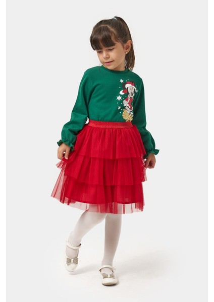 (5-8 Yaş) Mnn Payet Detaylı Yılbaşı Konsept Kız Çocuk Tütü etekli takım - Yeşil modelleri