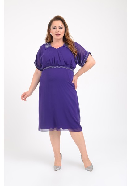 Büyük Beden Mor Renkli Taş Baskılı Kısa Abiye Elbise fiyatları