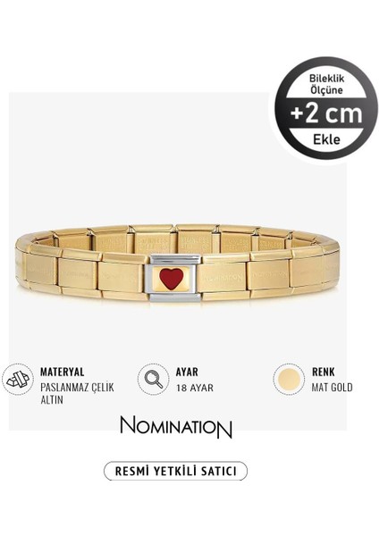 Italy Composable 18 Ayar Altın Kare Kırmızı Büyük Kalp ve Çelik Bileklik Mat Gold