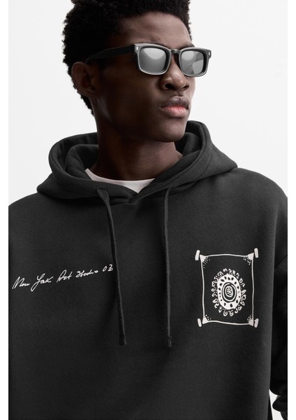 Siyah You Art Yazılı Kapüşonlu Bağcık Bağlamalı Oversize Hoodie