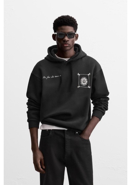 Siyah You Art Yazılı Kapüşonlu Bağcık Bağlamalı Oversize Hoodie