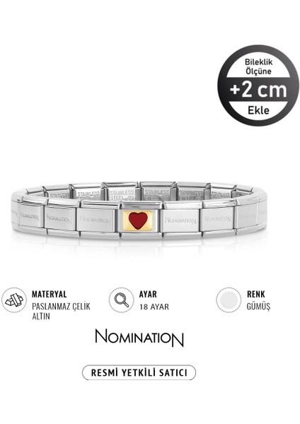 Italy Composable 18 Ayar Altın Kare Kırmızı Büyük Kalp ve Çelik Bileklik Sılver