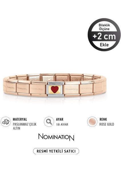Italy Composable 18 Ayar Altın Kare Kırmızı Büyük Kalp ve Çelik Bileklik Rose
