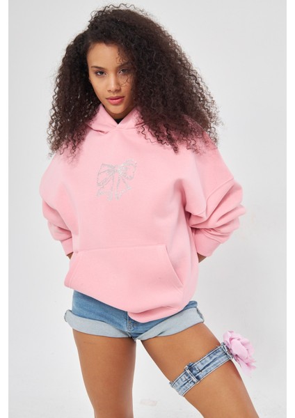 Fiyonk Desen Taş Baskılı Kapüşonlu Içi Polar Oversize Pembe Sweatshirt