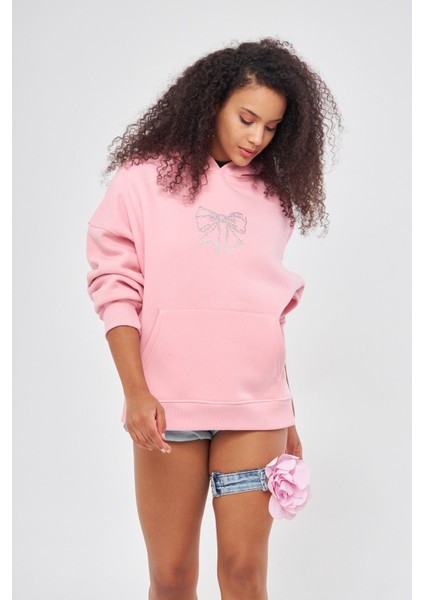 Fiyonk Desen Taş Baskılı Kapüşonlu Içi Polar Oversize Pembe Sweatshirt