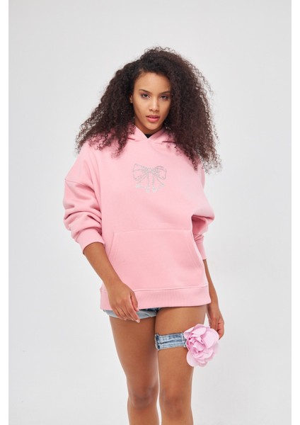 Fiyonk Desen Taş Baskılı Kapüşonlu Içi Polar Oversize Pembe Sweatshirt