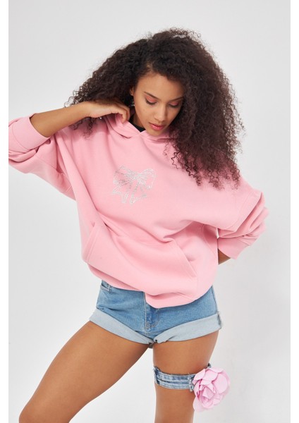 Fiyonk Desen Taş Baskılı Kapüşonlu Içi Polar Oversize Pembe Sweatshirt