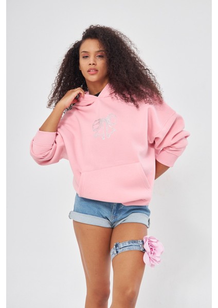 Fiyonk Desen Taş Baskılı Kapüşonlu Içi Polar Oversize Pembe Sweatshirt