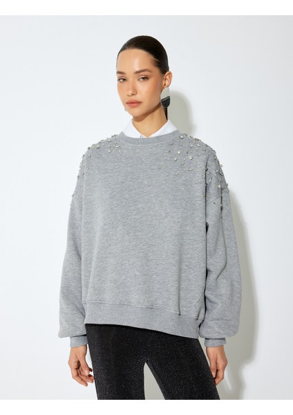 Uzun Kollu Bisiklet Yaka Taşlı Oversize Sweatshirt