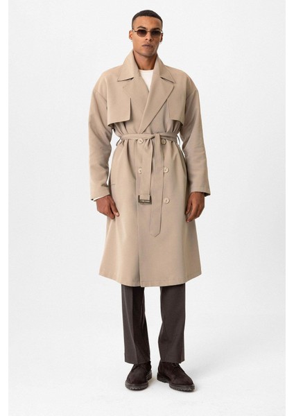 Bej Kaban Erkek Kruvaze Yaka Orta Kalınlık %100 Polyester Uzun Kol