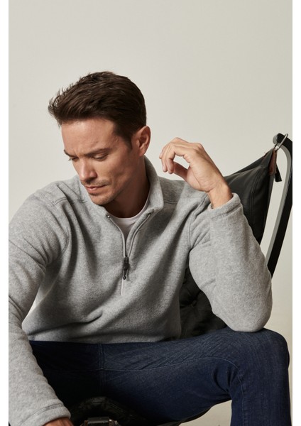 Erkek Gri Anti-pilling Tüylenme Yapmayan Standart Fit Dik Bato Yaka Soğuk Geçirmez Polar Sweatshirt modelleri