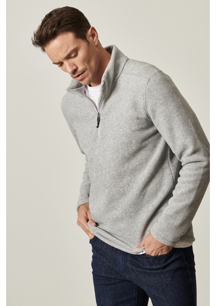 Erkek Gri Anti-pilling Tüylenme Yapmayan Standart Fit Dik Bato Yaka Soğuk Geçirmez Polar Sweatshirt fırsatları