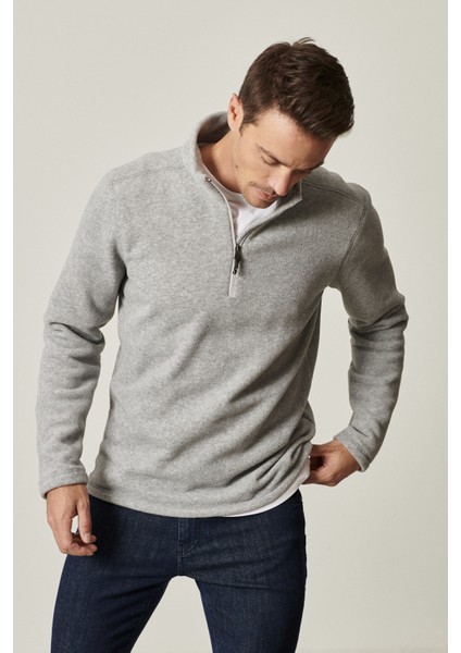 Erkek Gri Anti-pilling Tüylenme Yapmayan Standart Fit Dik Bato Yaka Soğuk Geçirmez Polar Sweatshirt indirimleri