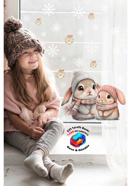 Çift Taraflı Baskılı Şirin Tavşanlar ve Kar Taneleri Yeni Yıl Yılbaşı Süsü Yılbaşı Cam Sticker Seti