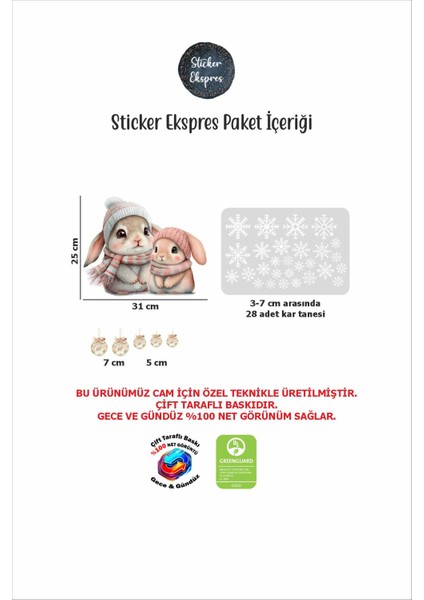 Çift Taraflı Baskılı Şirin Tavşanlar ve Kar Taneleri Yeni Yıl Yılbaşı Süsü Yılbaşı Cam Sticker Seti