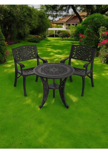 Ferforje Görünümlü Plastik Yuvarlak Ø75 Cunda Masa Sandalye Takımı 1 Masa 2 Sandalye Balkon, Bahçe Mobilyası