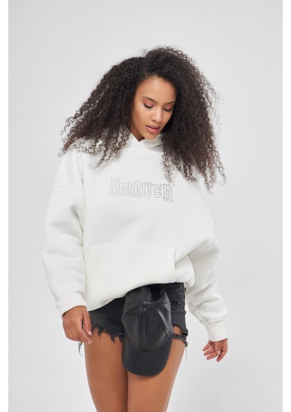 Heaven Yazılı Taş Baskılı Kapüşonlu Içi Polar Oversize Beyaz Sweatshirt