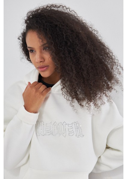 Heaven Yazılı Taş Baskılı Kapüşonlu Içi Polar Oversize Beyaz Sweatshirt