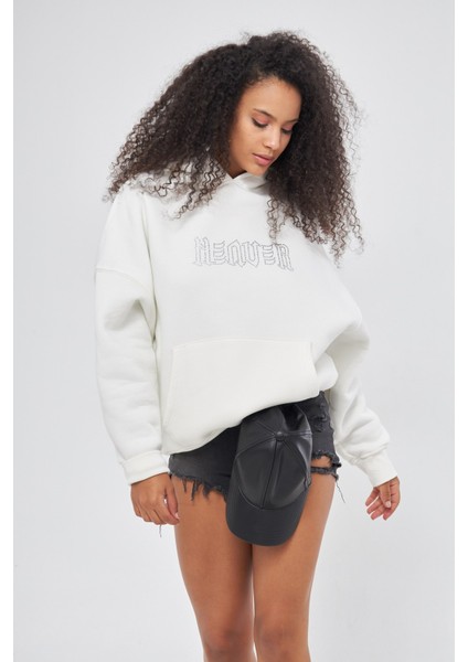 Heaven Yazılı Taş Baskılı Kapüşonlu Içi Polar Oversize Beyaz Sweatshirt