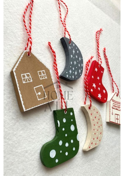 Yılbaşı Ahşap Çam Ağacı Süsü 6'lı, Yeni Yıl Dekor Süs