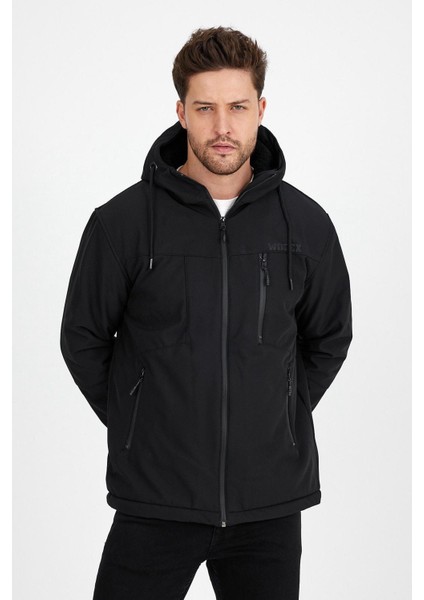 Su ve Rüzgar Geçirmez Kürklü Softshell DAR KESİM Erkek Mont Siyah
