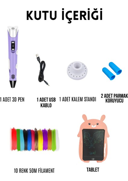 3D Kalem USB Kablolu MOR Üç Boyutlu Yazıcı Kalem ve PEMBE Tavşan Grafik Tablet Set - 59 Metre Filament fiyatları
