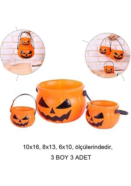 Plastik Halloween Turuncu Renk Balkabağı Figürlü Şeker Toplama Kovası 3 Adet