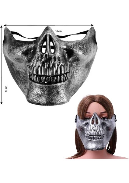 Eskitme Gümüş Renk Yarım Yüz Arkadan Lastikli Kafatası Şeklinde Halloween Maskesi