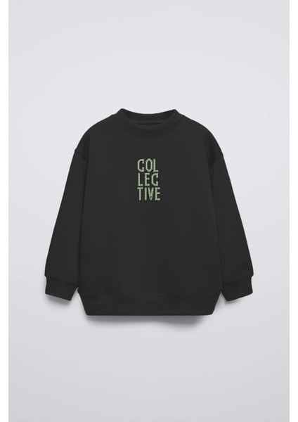 Siyah Bisiklet Yaka Collective Yazılı Arka Fly Kn It Yazılı Oversize Çocuk Sweatshirt